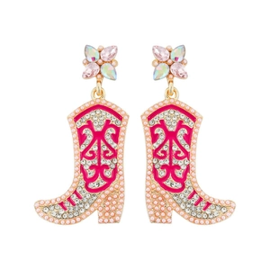 Exaggerated pink cowboy boot earrings with gold trim, rhinestones and faux pearls