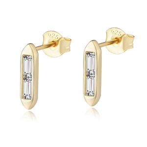 Minimalist S925 sterling silver gold rectangular zircon stud earrings on white background