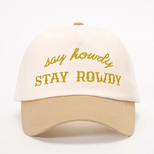 Two-tone baseball cap in off-white and khaki with yellow Stay Rowdy embroidery details
