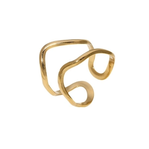 Minimalist gold wavy stainless steel open ring with polished asymmetrical spiral design