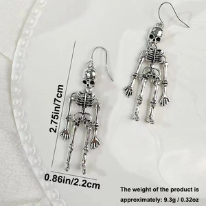 Silver punk skeleton drop earrings for women with detailed size and weight markings