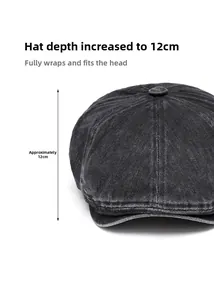 Detailed view of dark gray washed newsboy hat with 12cm deep design for full head wrap