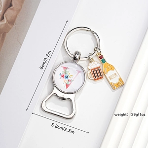 Letter V floral beer bottle opener keychain with charms and specific size measurements