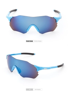Front and 45-degree side views of blue mirrored sports cycling sunglasses with rubber tips