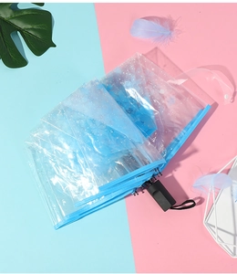 Detail of a transparent foldable umbrella with blue cherry blossom prints and a black handle