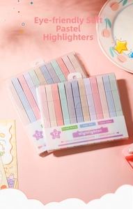 Detailed view of 12-color pastel highlighters set in rainbow barrels for journaling