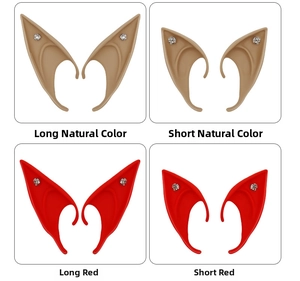 Detail view of latex elf ears in natural and red colors with small decorative rhinestones