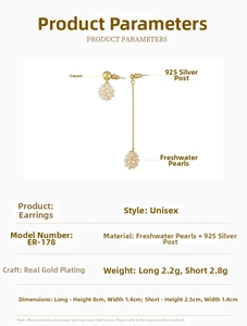 Detailed size and weight parameters for freshwater pearl earrings with 925 silver pins