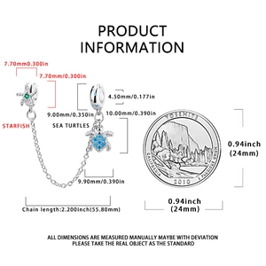 Detail of starfish and turtle safety chain with blue zircons and size measurements