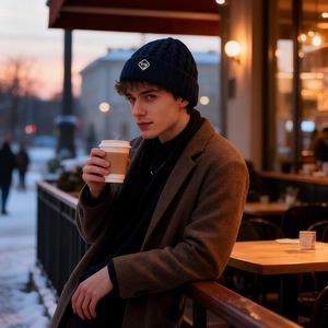 Navy blue cable-knit beanie with logo patch worn by a male model in a warm cafe