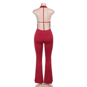 Back view of a red backless halter jumpsuit with flared legs on a mannequin