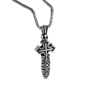 Gothic skull cross pendant in vintage silver steel finish on minimalist white background