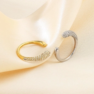 Elegant gold and silver stainless steel open rings with micro-pave crystals on silk