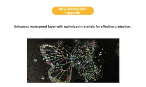 Macro detail of waterproof holographic butterfly PET sticker with sparkling water drops