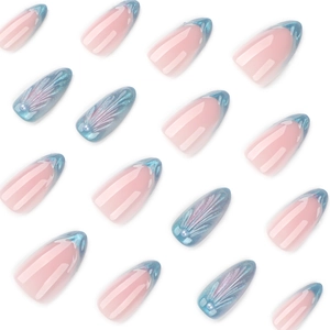 Faux ongles œil de chat bleu français avec texture goutte d'eau 3D et perles