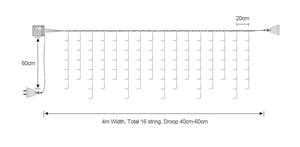 Technical diagram showing 4m icicle lights with 16 drooping strings and sizing details