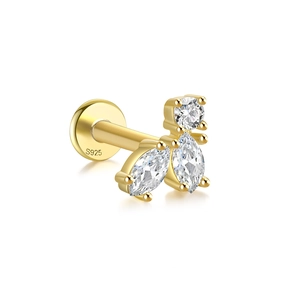 Detailed macro view of S925 sterling silver gold ear stud with marquise cut zircon stones