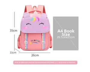 Pink unicorn school bag dimensions 35x26x11cm with A4 size capacity comparison details