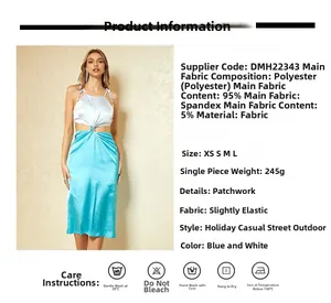 Detail view of blue and white satin dress fabric composition 95% polyester 5% spandex