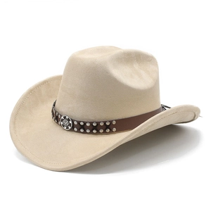 Beige suede cowboy hat with vintage leather band and decorative metal rivets