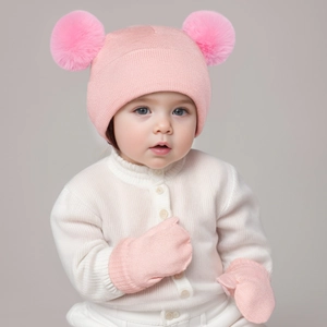 Close-up of pink knitted baby hat and mittens set with soft pom-poms on a neutral background