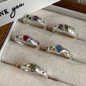 Vintage Niche Design Colorful Zircon Open Adjustable Rings Women Y2K Sweet Cool Irregular Texture