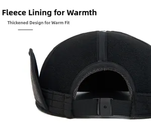 Detail of warm black fleece lining and adjustable strap on winter baseball hat