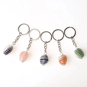 DIY spiral cage keychain set with 5 natural crystal stones and silver steel ring