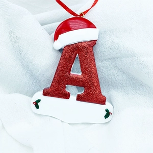 Christmas alphabet A resin ornament with Santa hat and glittery red finish for tree decor