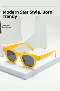 Detail of yellow oval sunglasses with dark grey lenses on a white geometric background