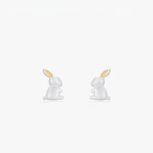 925 Sterling Silver Rabbit Stud Earrings For Women Cute Frosted Animal Small Design Gold Accent Minimalist Jewelry Gift