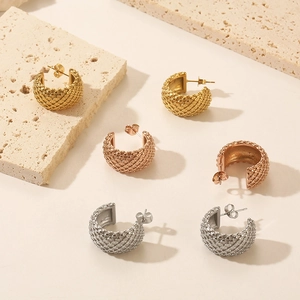 French vintage gold and silver C-shape lattice hoop earrings in woven grid texture