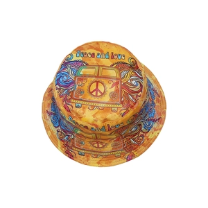 Retro bucket hat with peace sign and bus print in vibrant yellow and orange tones