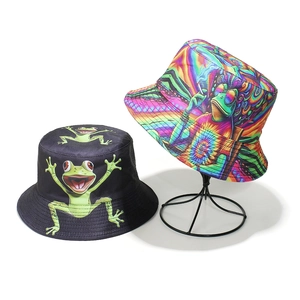 Outdoor sun protection frog bucket hats in solid black and colorful tie-dye patterns