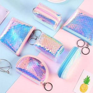 Holographic Laser PVC Coin Purse Fish Scale Pattern Mini Wallet With Keychain Ring Zipper Closure Portable For Women Girl Cute