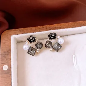 Camellia Flower Stud Earrings Alloy Grey Crystal White Faux Artificial Pearl With 925 Sterling Silver Earring Post French Vintage