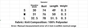 Detailed size chart for textured knit sweater top with polyester material specifications