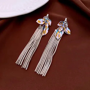 Vintage silver leaf earrings with colorful enamel glaze and long slinky snake chain tassels
