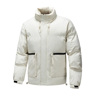 Men's off-white winter puffer jacket with contrasting black zipper pockets and ripstop fabric