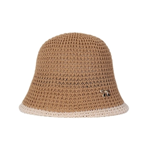 Breathable knit bucket hat in khaki with white trim and gold butterfly accent