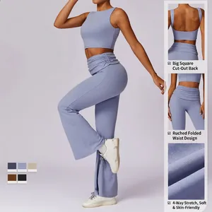Women's light blue yoga set with cutout tank top and flared high-waist sports leggings