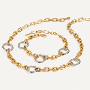 Two-tone 18k gold and silver stainless steel hammered ring necklace and bracelet set