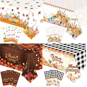 Thanksgiving Tablecloth And Napkins Plastic Disposable Autumn Harvest Pumpkin Maple Leaf Sunflower Party Decor