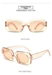 Detail view of transparent tan rectangular sunglasses from front and side angles