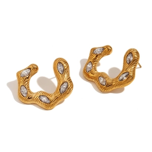 Vintage 18K gold-plated irregular C-shape hoop earrings with marquise-cut zircon stones