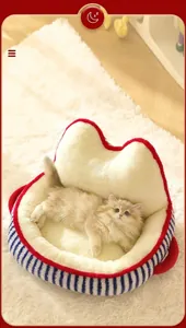 Cozy blue striped cat bed with soft plush lining and cute cat ear high backrest detail