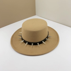 Classic camel wool felt pork pie hat with black leather band and silver punk metal spikes