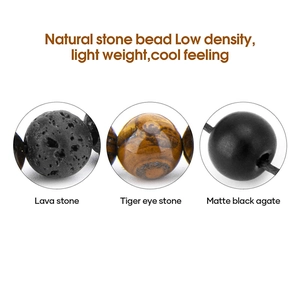 Detailed close-up of 8mm tiger eye stone, lava rock, and matte agate bead textures