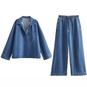 Damen Denim Langarm Oberteil Und Weite Hose Mit Kordelzug Lässige Lockere Mode Streetwear