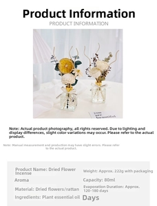 Detailed set of reed diffuser with dried flowers, orange slices and glass bottle
